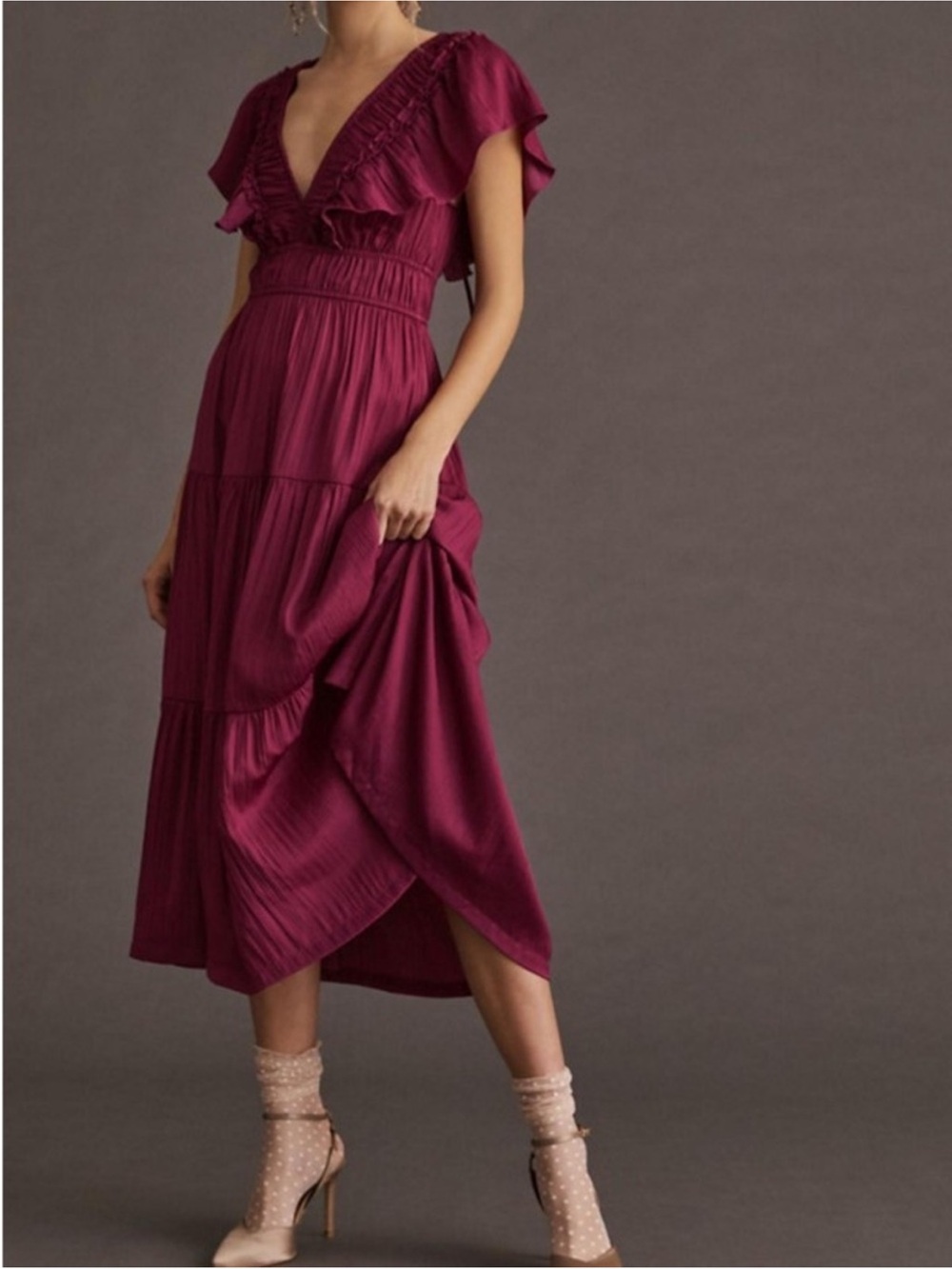 Anthropologie Berry Ruffled V-Neck Midi Dress